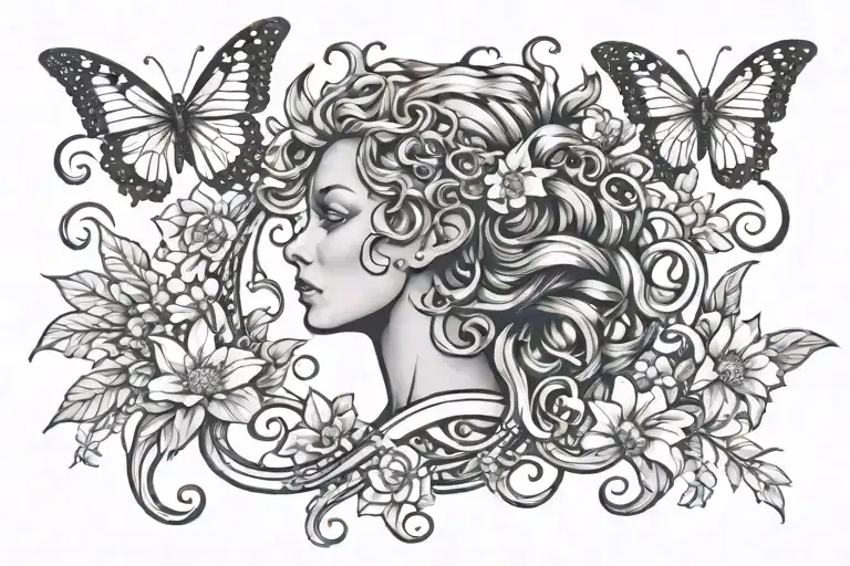 Medusa Back Tattoo With Butterflies And Flowers Intertwined