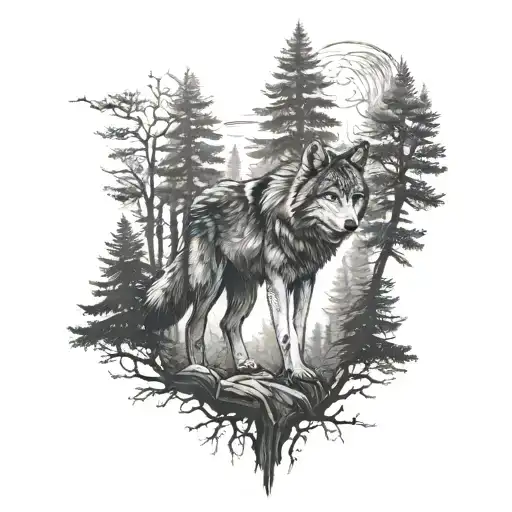 Trees Forest Wolf Full Arm Sleeve Realist Style