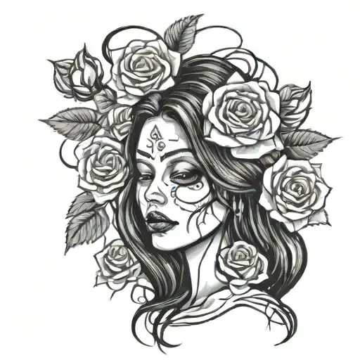 Dawn Of The Dead Woman Face With Long Black Hair And Designs On Her Fhidden And Surrounded By Roses