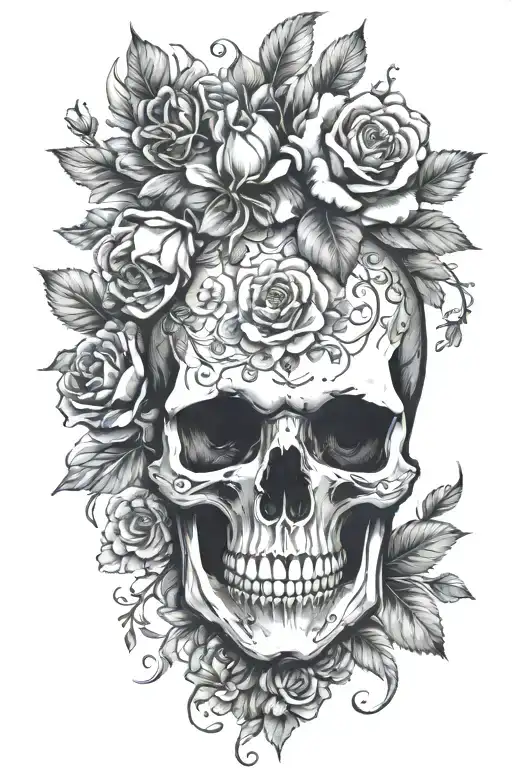 Skull And Anatomical Heart With Flowers Growing