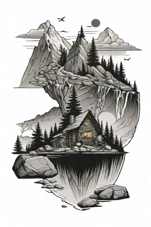 Mountains With Trees And Water And Coyotes With Stones And A Cabin