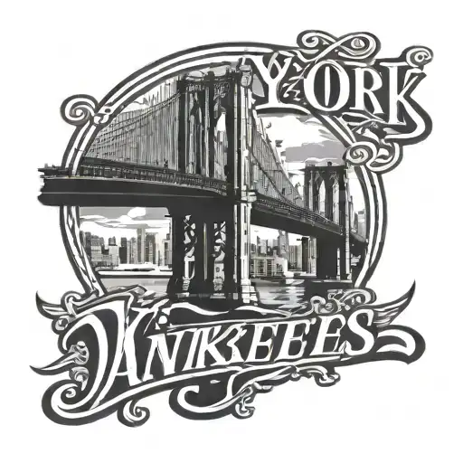 New York Yankkes Logo With The Brooklyn Bridge Behind It With Lots Of Shading