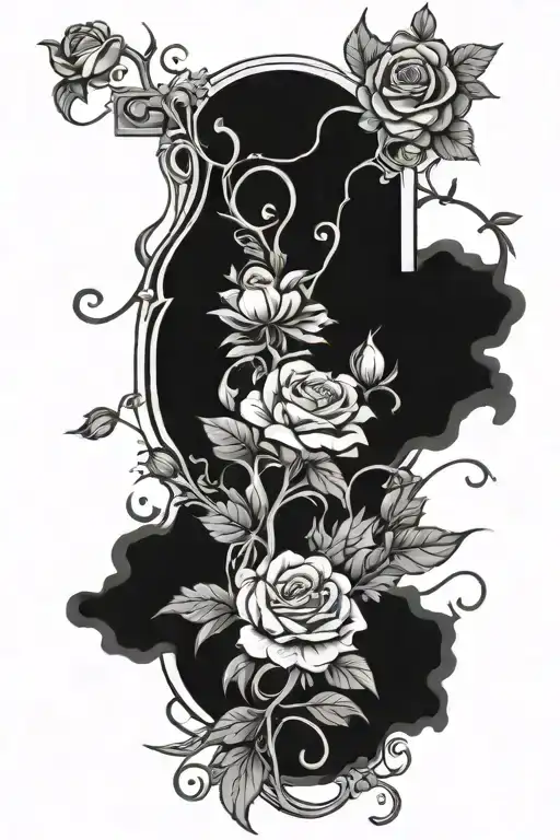 Floral Piece With Roses Marigolds Daisies And Carnations Intertwined With Vines And Leaves