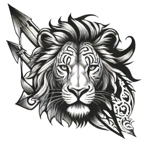 Half Lion Create A Tribal Tattoo Of A Half Lion Half Cub Face With An Arrow Separating Them