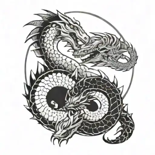 Dinosaur And Dragon In Yin Yang Tattoo Sketch Style Design
