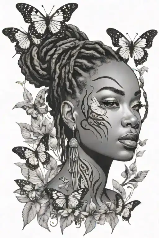 Black Woman With Dreadlocks And African Tribal Face Paintings Surrounded By Butterflies