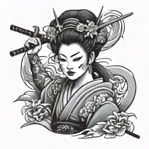 Geisha With Oni Mask And Katana