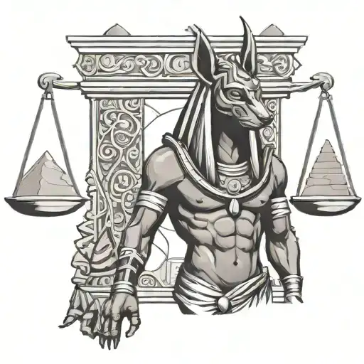 Anubis Standing Holding Scales With Pyramids In Background