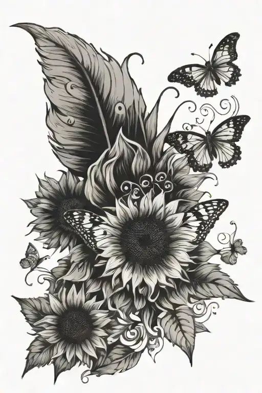 Sunflower With Butterfly And Designs Around It