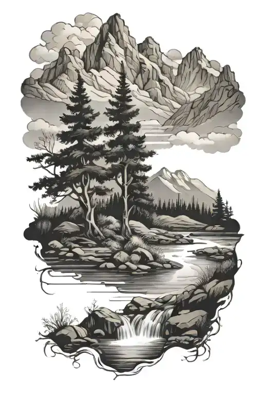 Trees And Stream With Mountains In The Background