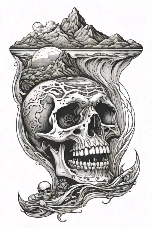 Skeleton In Water With Mountain