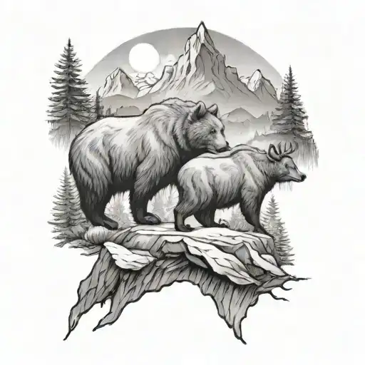 A Bear And A Deer In The Mountains