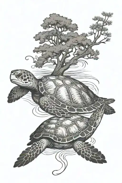 Sea Turtle And Cypress Tree And Water
