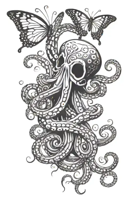 Octopus Wrapping Around Trident With Butterfly Resting On It