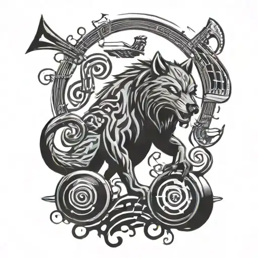 Musical Notes Forming A Werewolf Silhouette Surrounded By Gaming Symbols