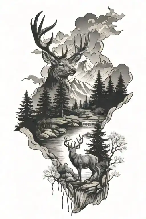 Trees And Stream With Mountains In The Background Deer In The Stream