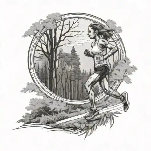 Girl Running Half Marathon Trees Background Looking Through Lens