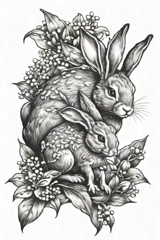 Mother Bunny And Baby Bunny In A Field Of Lily Of The Valley Flowers
