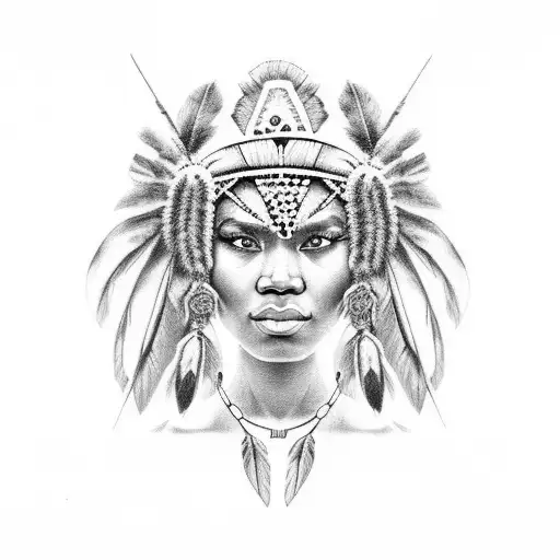 A Black And Grey Portrait Of A Powerful Indigenous Woman With Flower Adornments