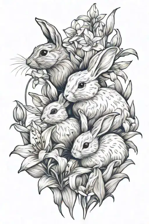 Mother And Baby Bunny Frolicking In A Field Of Lily If The Valley Flowers