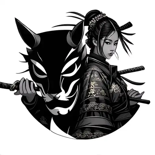 Female Samurai Holding A Kisune Mask