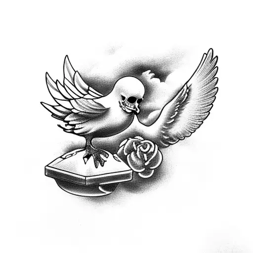 Heaven With Doves Over A Cross And Vintage Sailor Jerry Skulls