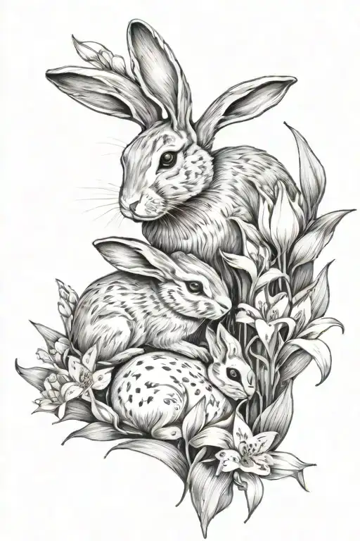 Mother And Baby Bunny In A Field Of Lily If The Valley Flowers