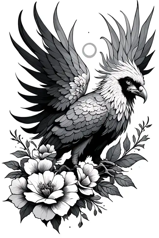 Phoenix Fine Line Tattoo Design Featuring Floral Elements