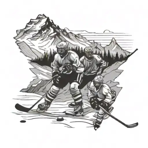 A Mountain Landscape With Hockey Players In The Foreground