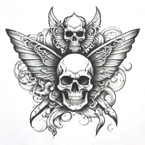 A Skull With Butterfly Wings And A Sword Piercing Through It