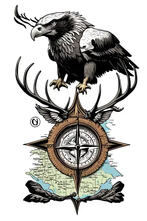 Topo Map With A Compass And A Bald Eagle And A Deer