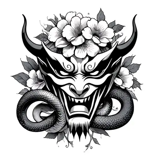 Oni Mask With Flowers And Snake Wrapped Around It