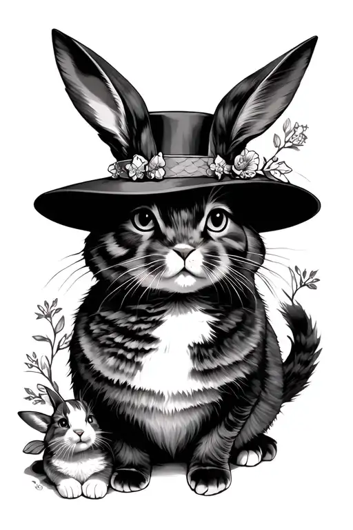 Alice In Wonderland With Rabbit And Cat Curled