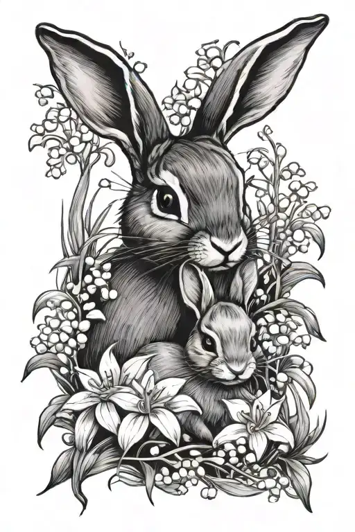 Mother Bunny And Baby Bunny In A Field Of Lily Of The Valley Flowers