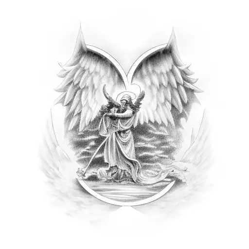 Two Gates With An Angel Giving The Choice Of Hell Or Heaven