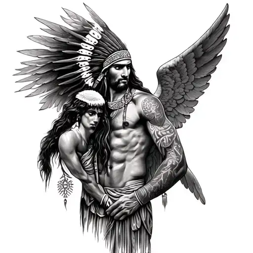 Tattoo On The Entire Male Right Arm With Angel And Indian Theme