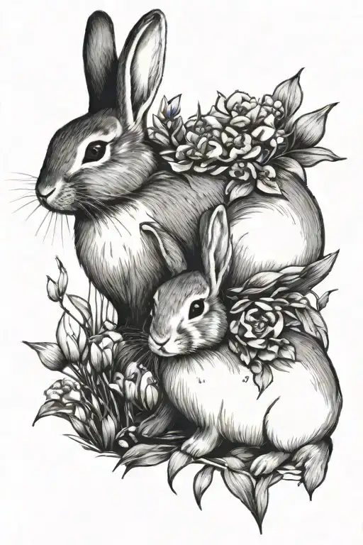 Mother Bunny And Baby Bunny In A Field Of Lily Of The Valley