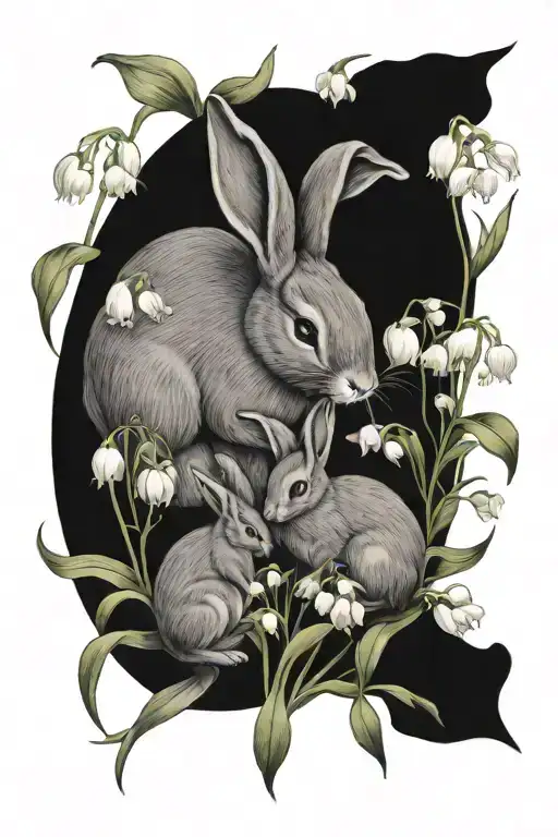 Mother Bunny And Baby Bunny In A Field Of Lily Of The Valley Flowers