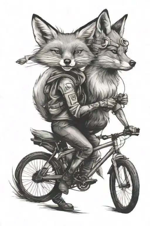 Fox Riding A Bicycle Black And White Tattoo On Woman's Arm