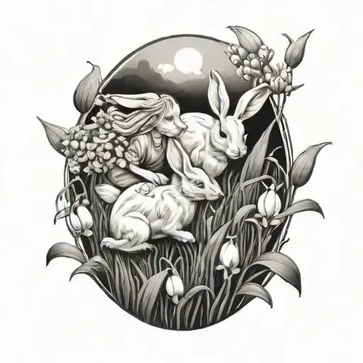 Mother And Daughter Bunnies Running In A Field Of Lily Of The Valley Flowers