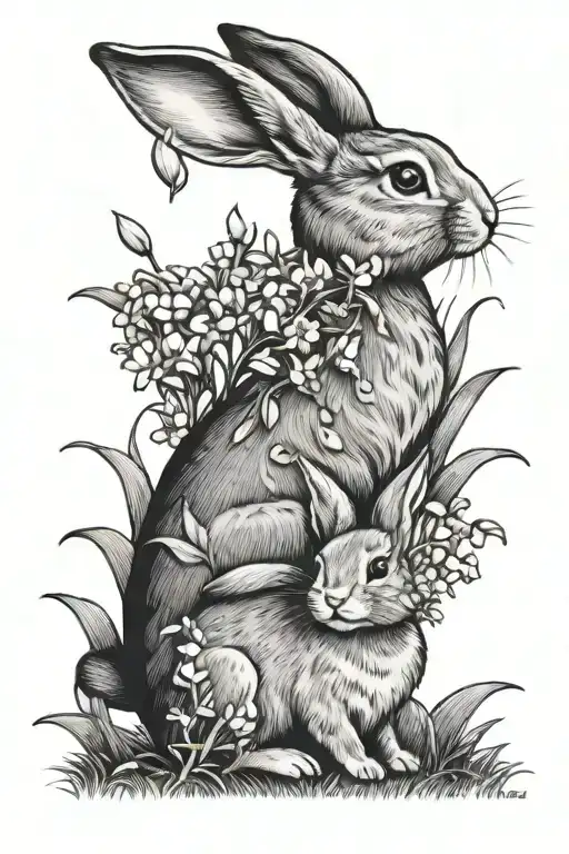 Mother Bunny And Baby Bunny In A Field Of Lily Of The Valley Flowers