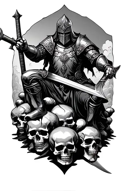 Knight With Sword Kneeling On Pile Of Skulls