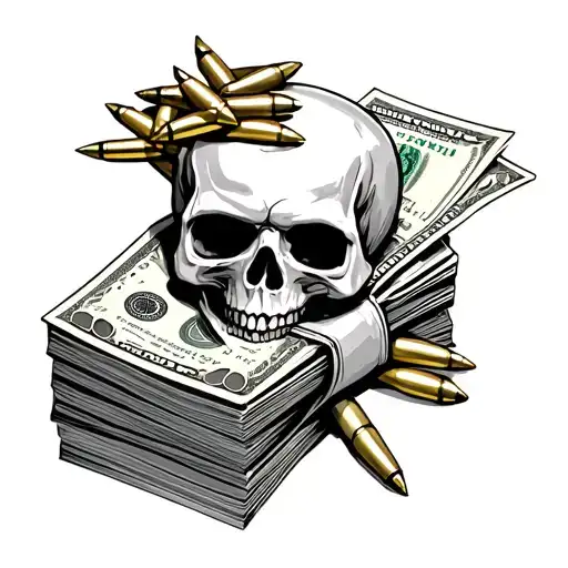 A Stack Of Money With Bullets Laying And A Skull On Top