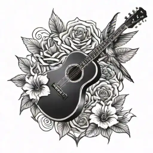 Guitar With Humming Bird With Flowers