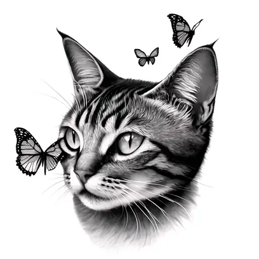 Cat Head And Flying Butterflies