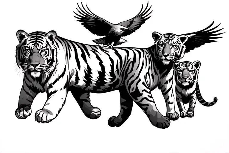 A Tiger Walking Next To Two Tiger Cubs And A Falcon Flying Above Them