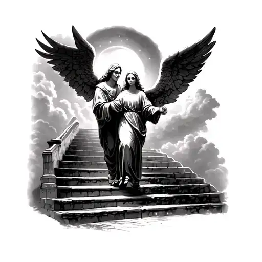 Memorial Tattoo Of Heaven And Angel Walking Up Stairs