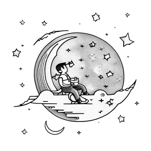 Boy Sitting On Crescent Moon With Clouds And Stars