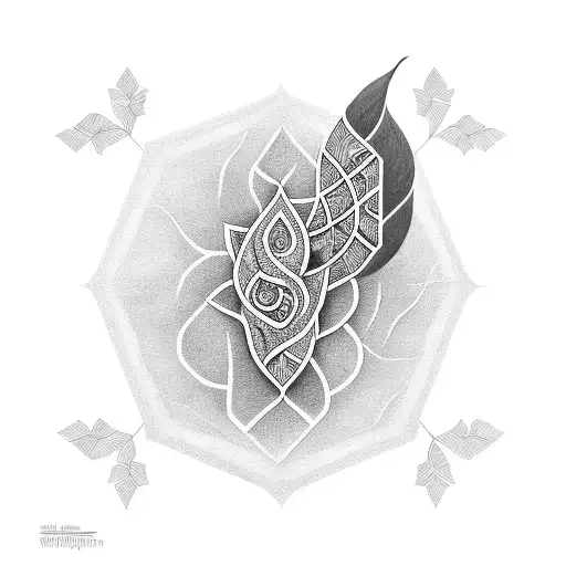 A Black-grey Tattoo Of A Nepenthes Plant Surrounded By Geometric Patterns