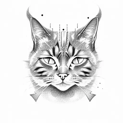 A Black-grey Tattoo Of A Cat Surrounded By Geometric Symbols Representing Astrology